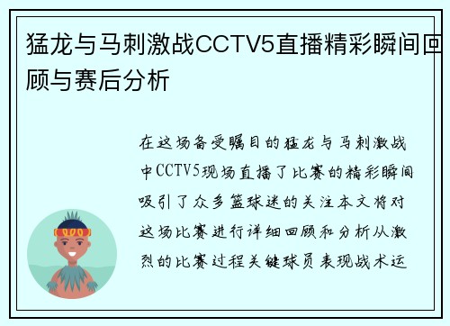 猛龙与马刺激战CCTV5直播精彩瞬间回顾与赛后分析